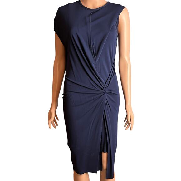 Helmut Lang Navy Blue Asymmetrical Knit Dress Petite Wrap Helix Jersey Knot - Picture 1 of 8